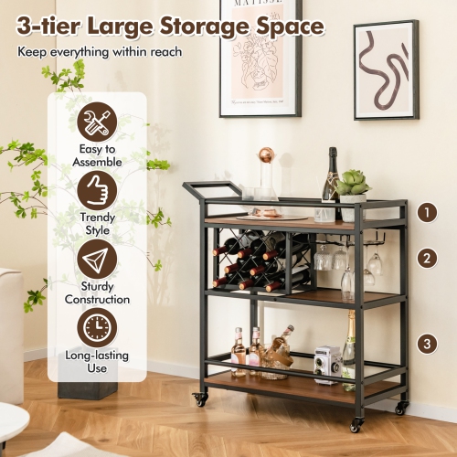 Desserte de bar à 3 niveaux sur roulettes de Costway pour la cuisine avec porte-bouteilles et porte-verre