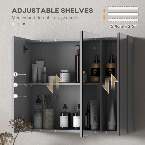 kleankin 28" x 24" Medicine Cabinet, Wall Mounted Bathroom Mirror Cabinet with Mirrored Doors, Adjustable Shelves, Grey