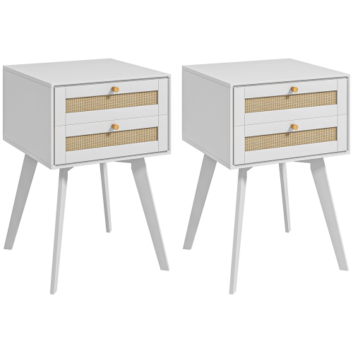 HOMCOM  Bedside Tables Set Of 2, Small Nightstands With 2 Drawers And Rattan Element, Boho Night Stands, Square Side Tables for Bedroom In White