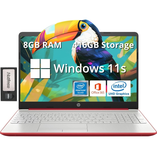 HP  15.6" HD Business Students Laptop, Intel Pentium N5030, 416GB Storage(128GB SSD+160GB Docking Station Set), 8GB Ram, Intel Uhd Graphics, Red, 1