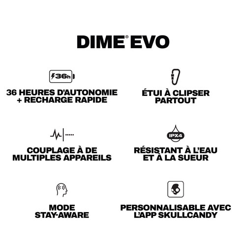 Écouteurs boutons 100 % sans fil à isolation sonore Dime Evo de Skullcandy - Noir complet