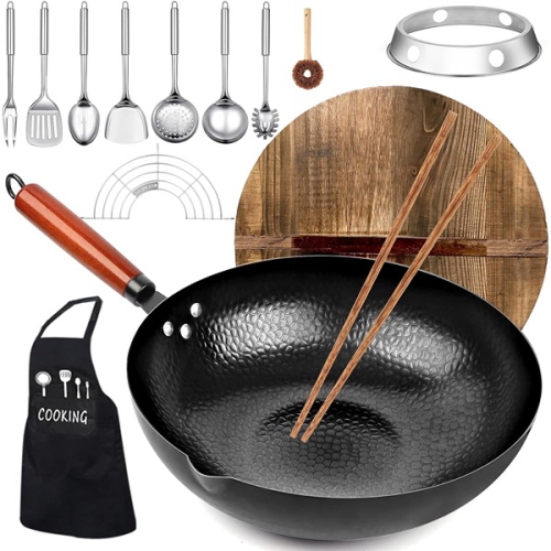 Image 1 of 5.. KAQINU 12.6 Cookware & 14-Piece Stir-Fry Pan Set with Wooden Lid Black