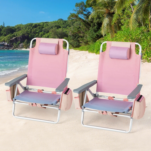 Ensemble de 2 chaises de plage inclinables 5 positions pour l'extérieur avec coussin et sac à dos pliant