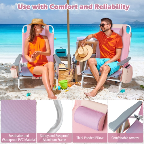 Ensemble de 2 chaises de plage inclinables 5 positions pour l'extérieur avec coussin et sac à dos pliant