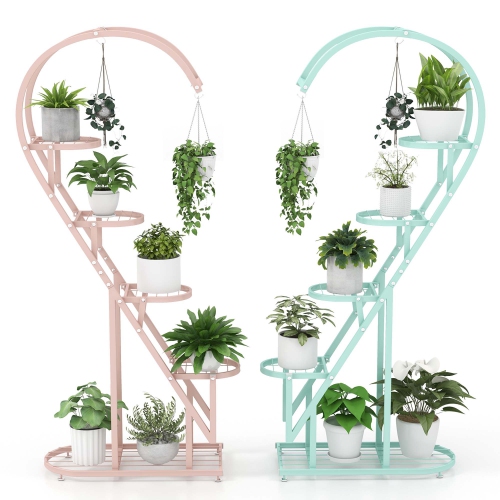 COSTWAY  5 Tier Metal Plant Stand Heart-Shaped Shelf With Hanging Hook for Multiple Plants