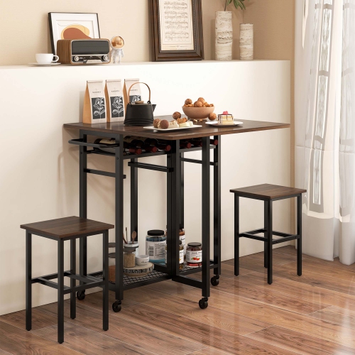 Costway 3 PCS Rolling Dining Table Set Extendable Kitchen Table 2 Stools with Wine Rack