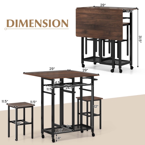 Costway 3 PCS Rolling Dining Table Set Extendable Kitchen Table 2 Stools with Wine Rack