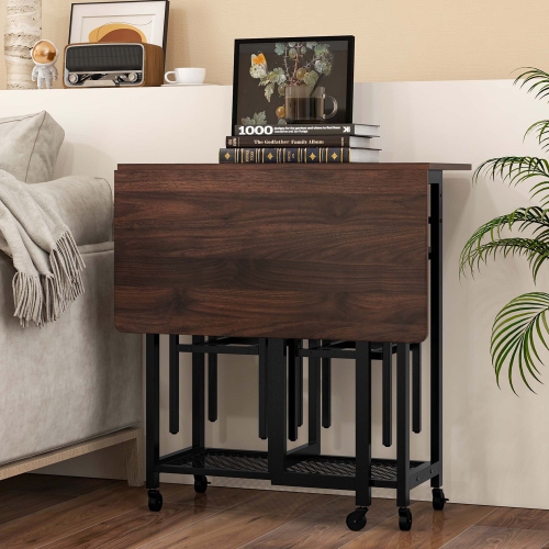 Costway 3 PCS Rolling Dining Table Set Extendable Kitchen Table 2 Stools with Wine Rack