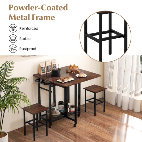 Costway 3 PCS Rolling Dining Table Set Extendable Kitchen Table 2 Stools with Wine Rack