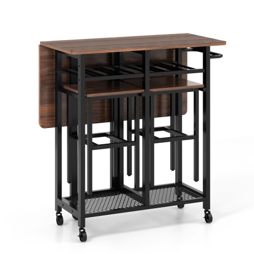 Costway 3 PCS Rolling Dining Table Set Extendable Kitchen Table 2 Stools with Wine Rack