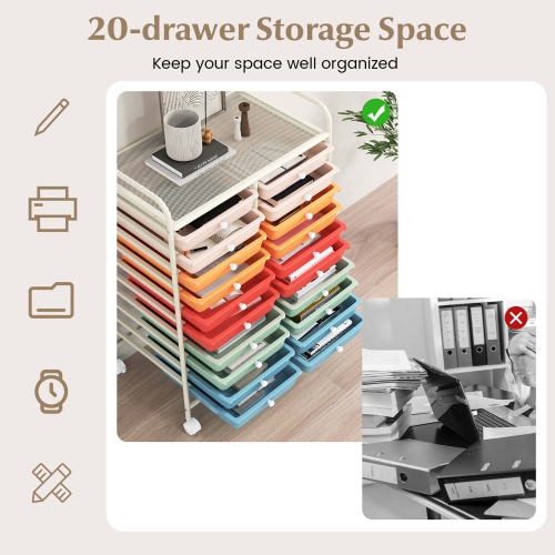 Costway 20 Drawers Rolling Cart Storage Scrapbook Paper Studio Organizer Bins