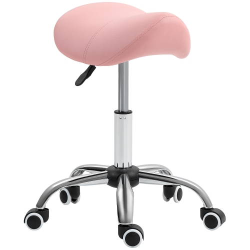 HOMCOM – Tabouret cosmétique à rotation à 360°, chaise de massage réglable Spa de salon, tabouret de selle en similicuir à roulettes, mobilité, rose