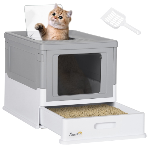 PawHut Cat Litter Box, Top Entry Enclosed Kitty Litter Box with Scoop, Tray, Foldable Portable Kitten Litter Box Enclosure with Front Entry, Large Sp