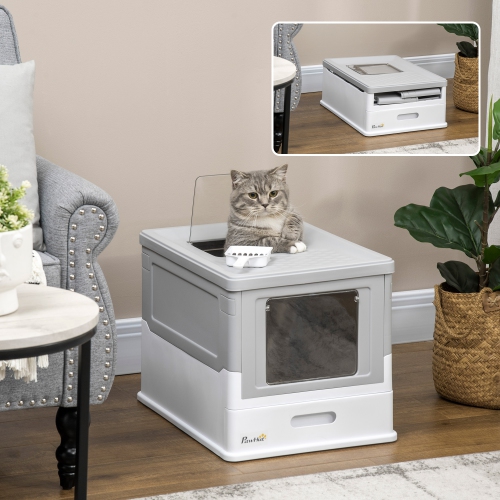 PawHut – Bac à litière pour chats, bac à litière pliable avec pelle, plateau, entrée avant et sur le dessus, grand espace, portatif, gris
