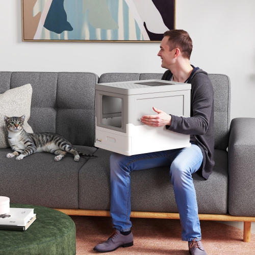 PawHut – Bac à litière pour chats, bac à litière pliable avec pelle, plateau, entrée avant et sur le dessus, grand espace, portatif, gris