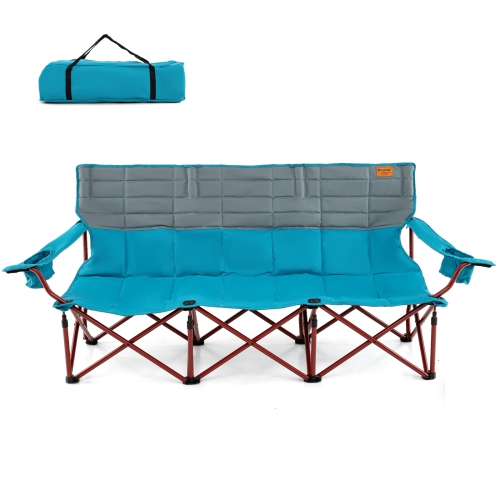 COSTWAY  3 Person Folding Camping Chair Heavy-Duty Camp Couch With 2 Cup Holders Padding