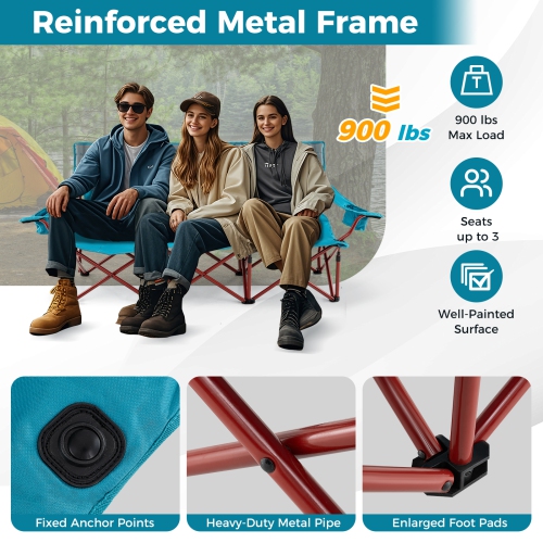 Costway 3 Person Folding Camping Chair Heavy-Duty Camp Couch with 2 Cup Holders Padding