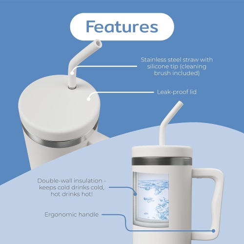 BOZ 40 oz – gobelet avec poignée et couvercle à paille, bouteille d’eau isotherme en acier inoxydable, tasse de voyage réutilisable, idéal pour
