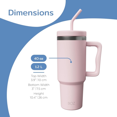 BOZ 40 oz – gobelet avec poignée et couvercle à paille, bouteille d’eau isotherme en acier inoxydable, tasse de voyage réutilisable, idéal pour