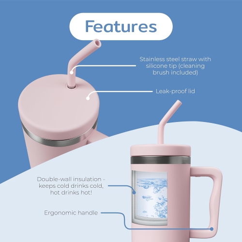 BOZ 40 oz – gobelet avec poignée et couvercle à paille, bouteille d’eau isotherme en acier inoxydable, tasse de voyage réutilisable, idéal pour