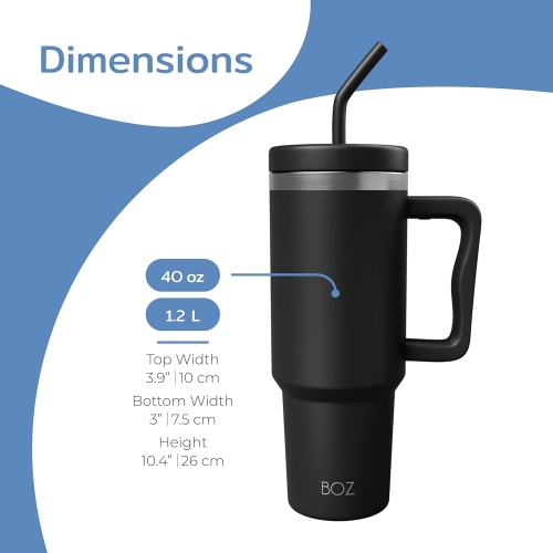 BOZ 40 oz – gobelet avec poignée et couvercle à paille, bouteille d’eau isotherme en acier inoxydable, tasse de voyage réutilisable, idéal pour