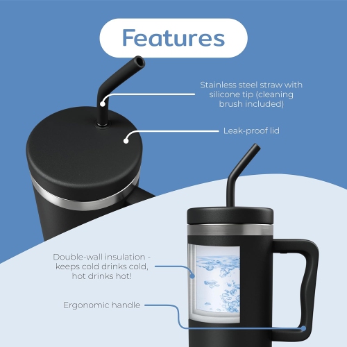 BOZ 40 oz – gobelet avec poignée et couvercle à paille, bouteille d’eau isotherme en acier inoxydable, tasse de voyage réutilisable, idéal pour