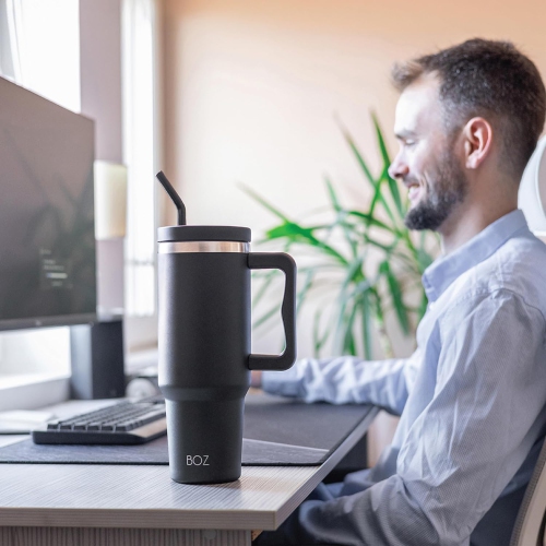 BOZ 40 oz – gobelet avec poignée et couvercle à paille, bouteille d’eau isotherme en acier inoxydable, tasse de voyage réutilisable, idéal pour