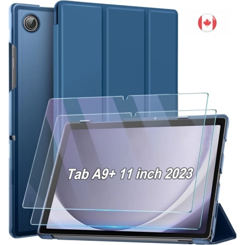 Étui Galaxy Tab A9+ A9 plus Samsung 10.9/11 po 2023 Go avec 2 protecteurs d'écran en verre trempé, translucide, 3 plis - Bleu marine