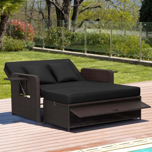 Costway Patio Rattan Daybed Lounge Retractable Top Canopy Side Tables Cushions