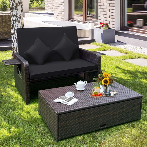 Costway Patio Rattan Daybed Lounge Retractable Top Canopy Side Tables Cushions