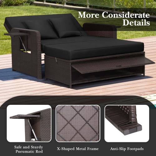 Costway Patio Rattan Daybed Lounge Retractable Top Canopy Side Tables Cushions