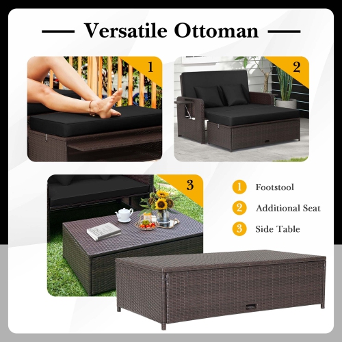 Costway Patio Rattan Daybed Lounge Retractable Top Canopy Side Tables Cushions