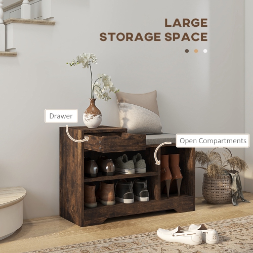 HOMCOM Shoe Bench with Storage, Modern Upholstered Entryway Bench with Shelves, Drawer, Table Top and Padded Cushion for Living Room, Hallway, Rustic