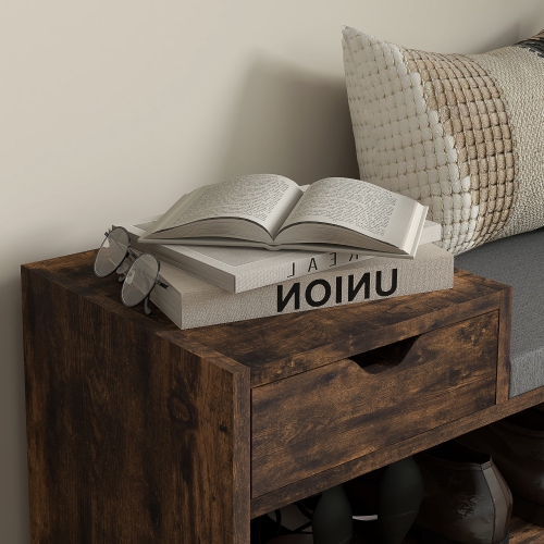 HOMCOM Shoe Bench with Storage, Modern Upholstered Entryway Bench with Shelves, Drawer, Table Top and Padded Cushion for Living Room, Hallway, Rustic