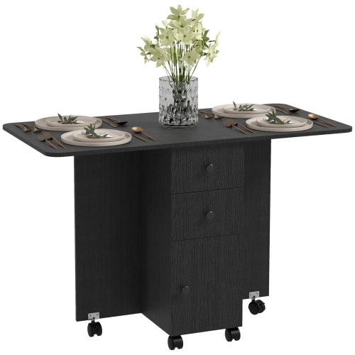 HOMCOM  Foldable Dining Table, Rolling Kitchen Table With Storage Drawers And Cabinet, Drop Leaf Table On Wheels In Black