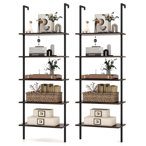 COSTWAY  2 PCs 5 Tier Ladder Shelf 71" Wall-Mounted Bookshelf Display Storage Organizer