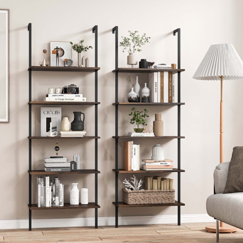 Costway 2 PCS 5 Tier Ladder Shelf 71" Wall-Mounted Bookshelf Display Storage Organizer
