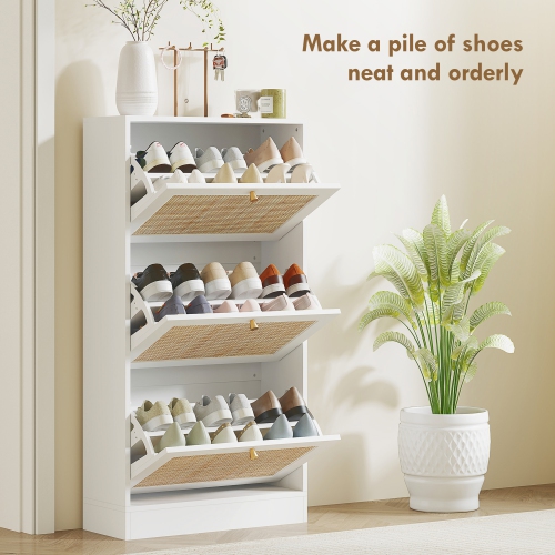 HOMCOM Boho Rattan Shoe Cabinet with 3 Flip Drawers and Adjustable Shelves, Narrow Shoe Storage Cabinet, Holds 18 Pairs for Entryway, Hallway, White