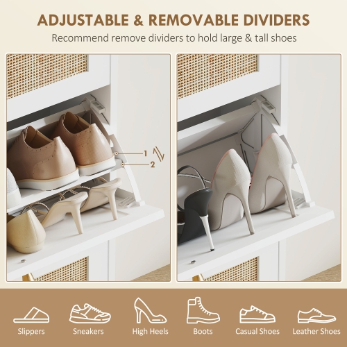HOMCOM Boho Rattan Shoe Cabinet with 3 Flip Drawers and Adjustable Shelves, Narrow Shoe Storage Cabinet, Holds 18 Pairs for Entryway, Hallway, White