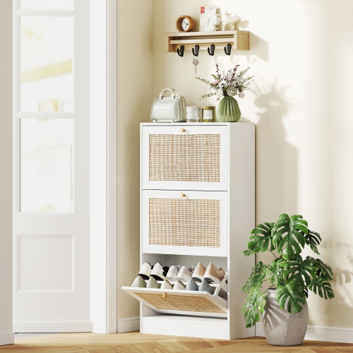 HOMCOM Boho Rattan Shoe Cabinet with 3 Flip Drawers and Adjustable Shelves, Narrow Shoe Storage Cabinet, Holds 18 Pairs for Entryway, Hallway, White