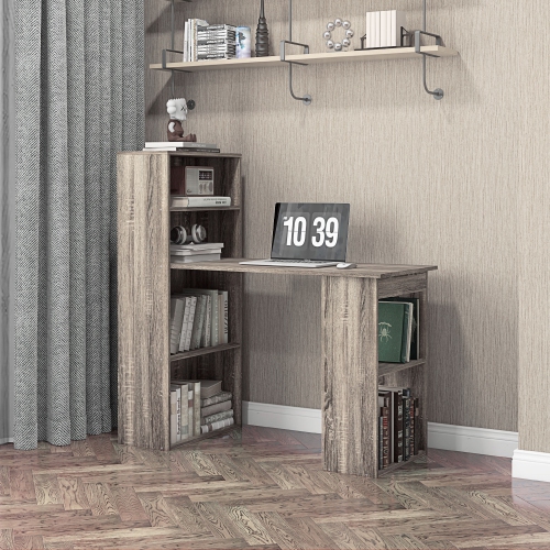 HOMCOM Modern Computer Desk with Storage Shelves, 47" Writing Table Workstation with Bookshelf for Home Office, Oak