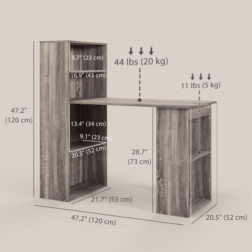 HOMCOM Modern Computer Desk with Storage Shelves, 47" Writing Table Workstation with Bookshelf for Home Office, Oak