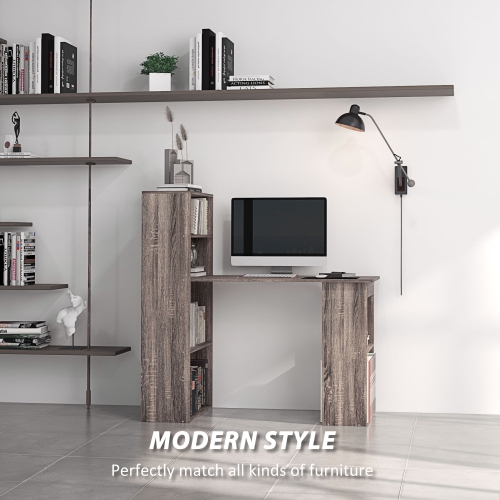 HOMCOM Modern Computer Desk with Storage Shelves, 47" Writing Table Workstation with Bookshelf for Home Office, Oak