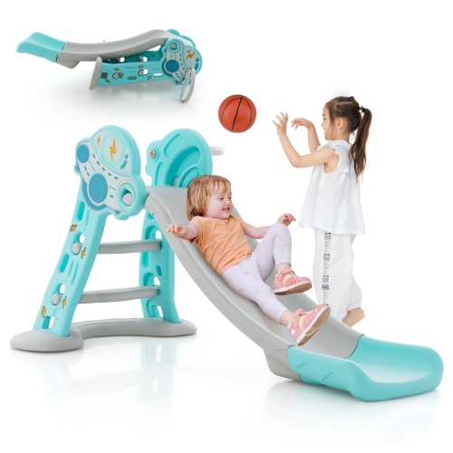 Costway 3-in-1 Kids Indoor Slide with Basketball Hoop & Basketball, Safe Buffer Zone