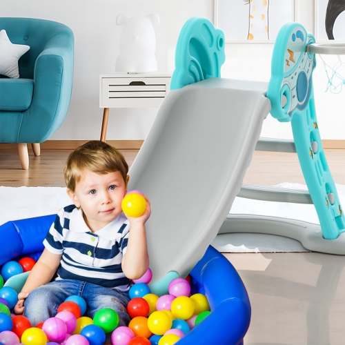 Costway 3-in-1 Kids Indoor Slide with Basketball Hoop & Basketball, Safe Buffer Zone