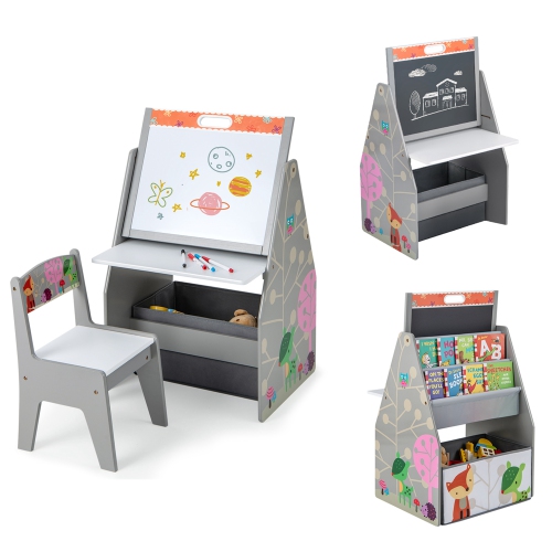 Costway Kids Table & Chair Set with Rotatable Double-sided Magnetic Blackboard & Whiteboard