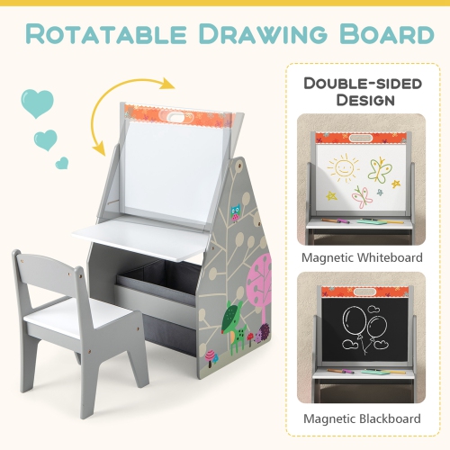 Costway Kids Table & Chair Set with Rotatable Double-sided Magnetic Blackboard & Whiteboard