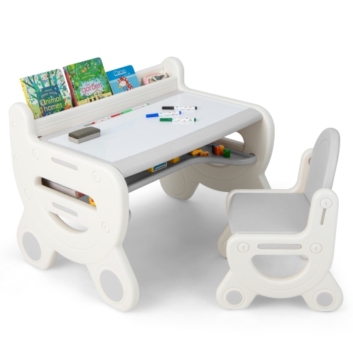 Ensemble table à dessin et chaises pour enfants de Costway pour lecture avec stylos et effaceur tableau noir bleu/brun