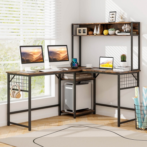 Costway L-shaped Desk with Power Outlet Large Corner Desk Converts to 2-Person Long Desk
