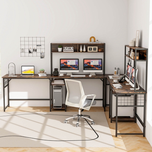 Costway L-shaped Desk with Power Outlet Large Corner Desk Converts to 2-Person Long Desk